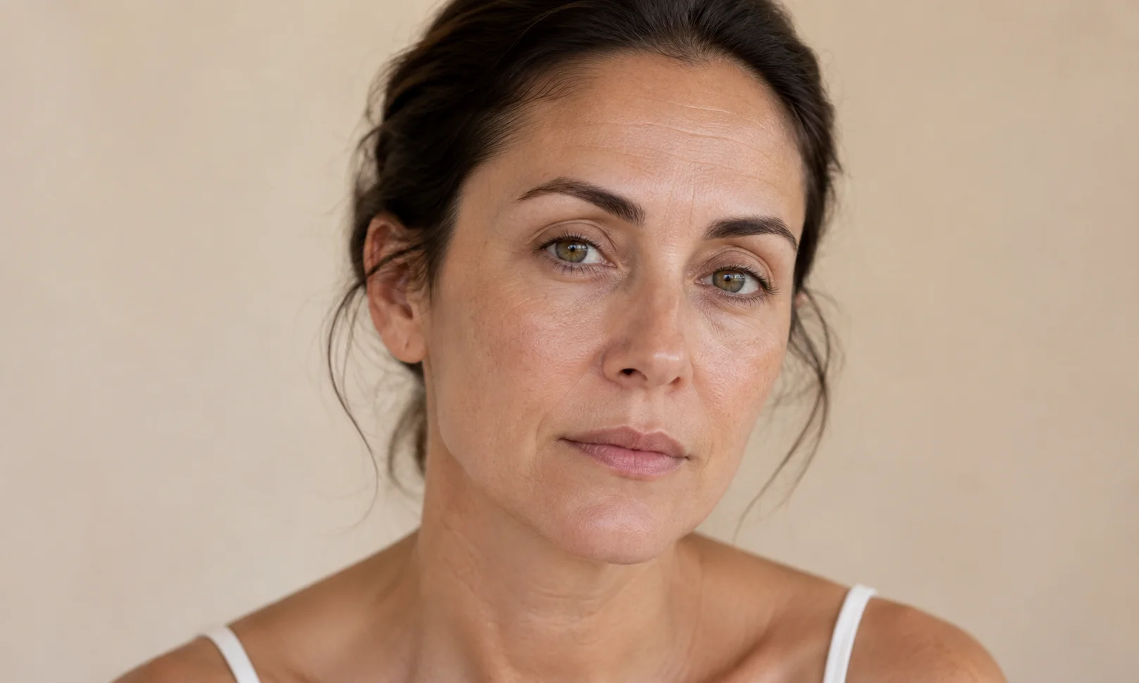 Woman with a dull-looking, less radiant complexion and natural skin texture for skincare education.