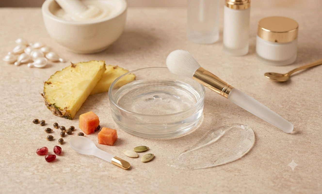 Enzyme peel skincare gel with pineapple, papaya, brush, and clear exfoliating texture on a neutral spa surface