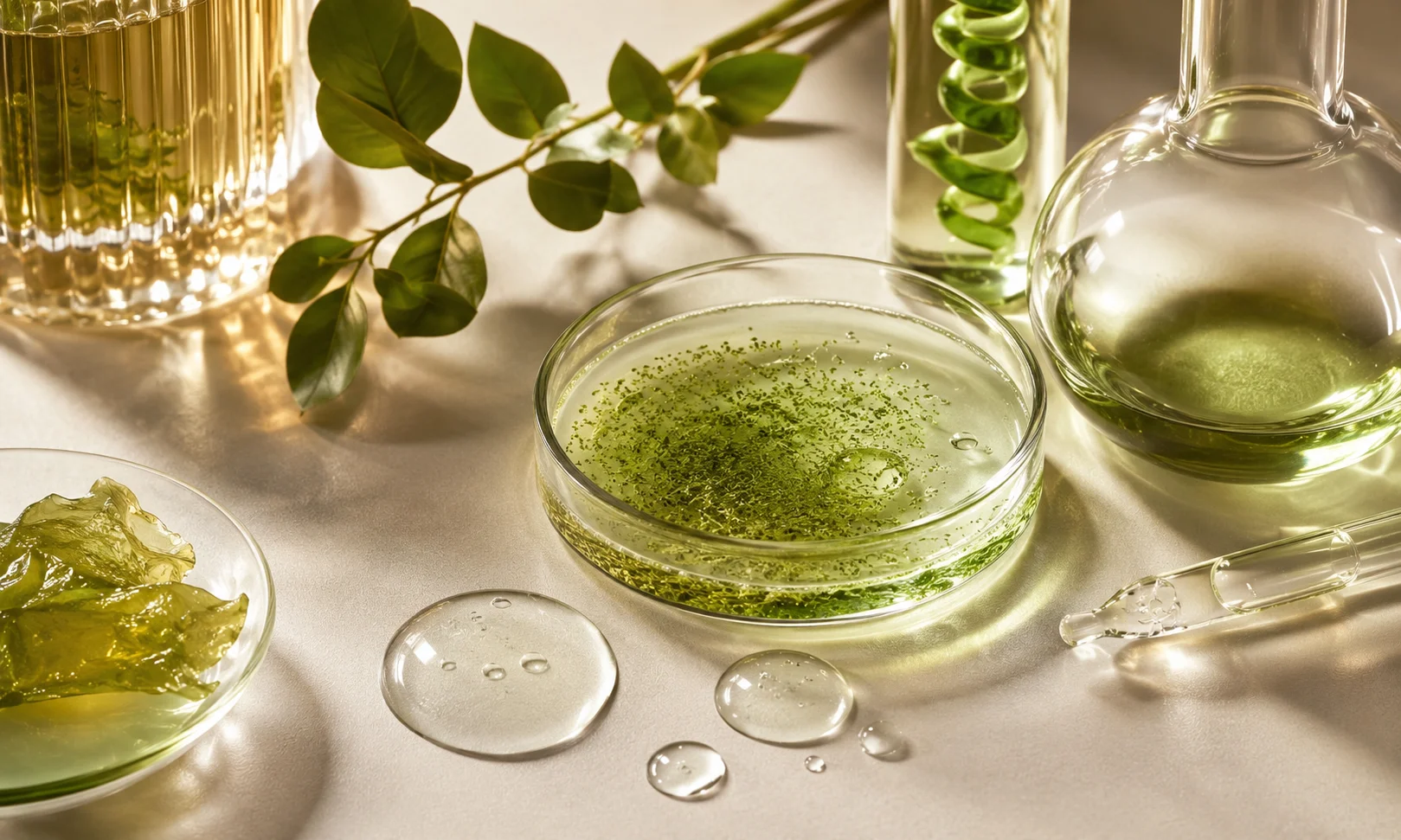 Euglena gracilis extract with green skincare serum and lab glassware.
