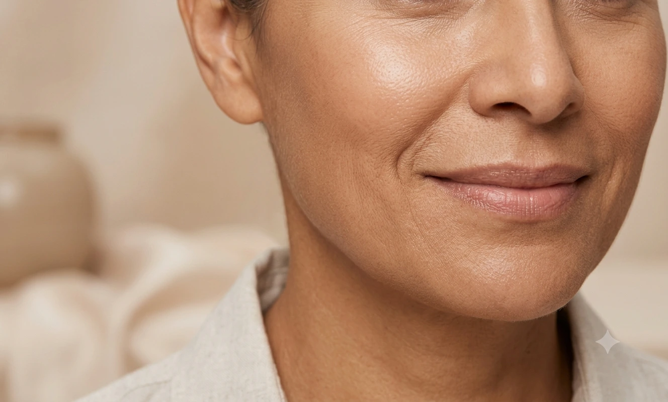 Close-up of mature skin with visible fine lines around the mouth and cheek.