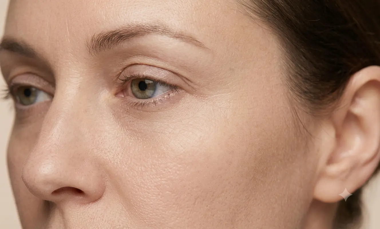 Close-up of a woman’s eye area showing natural skin texture and first visible fine lines.