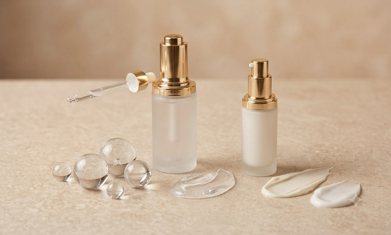 Hyaluronic acid skincare serum with clear gel texture, cream swatches, and hydrating water spheres on a neutral surface