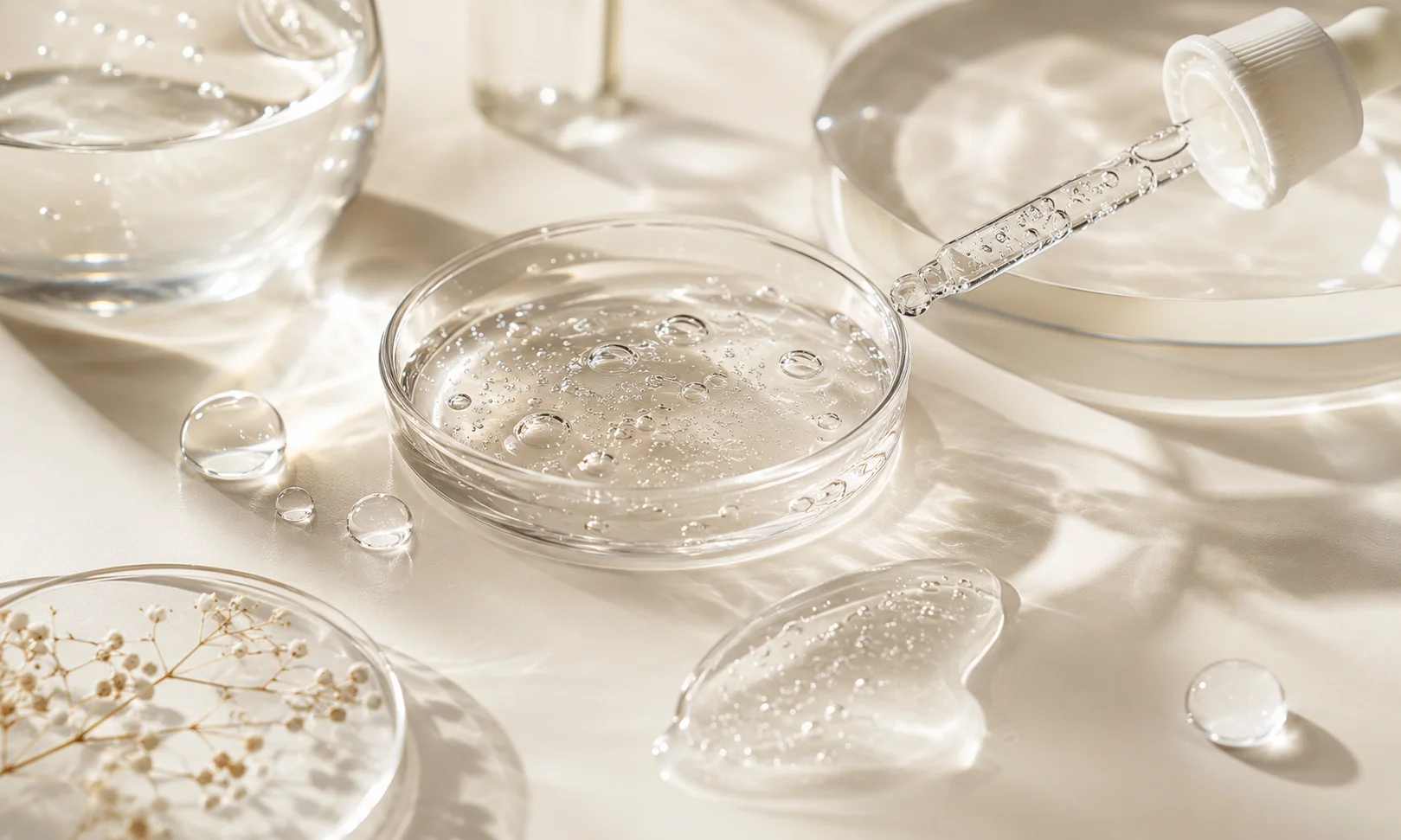 Hyaluronic acid skincare gel texture with water droplets.