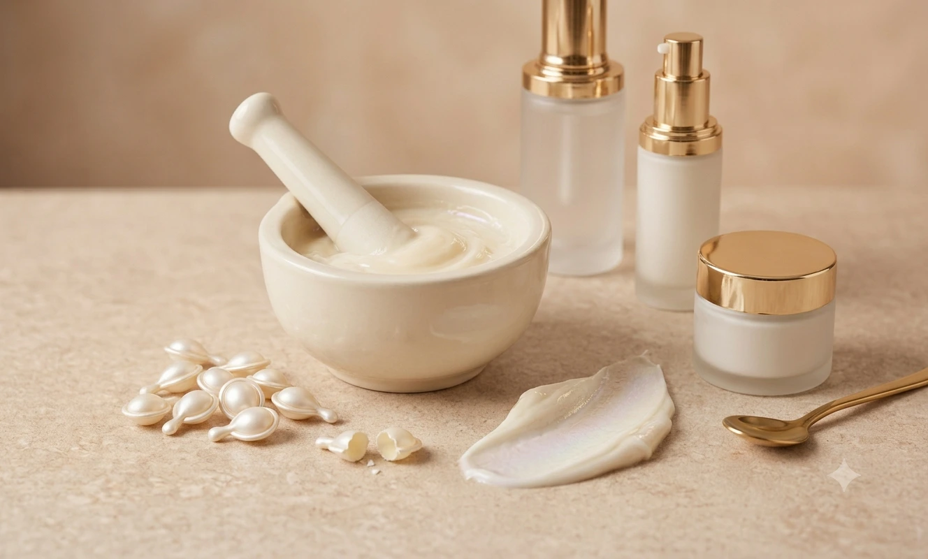Ceramide skincare cream with serum bottles, capsules, and cream texture on a neutral spa surface