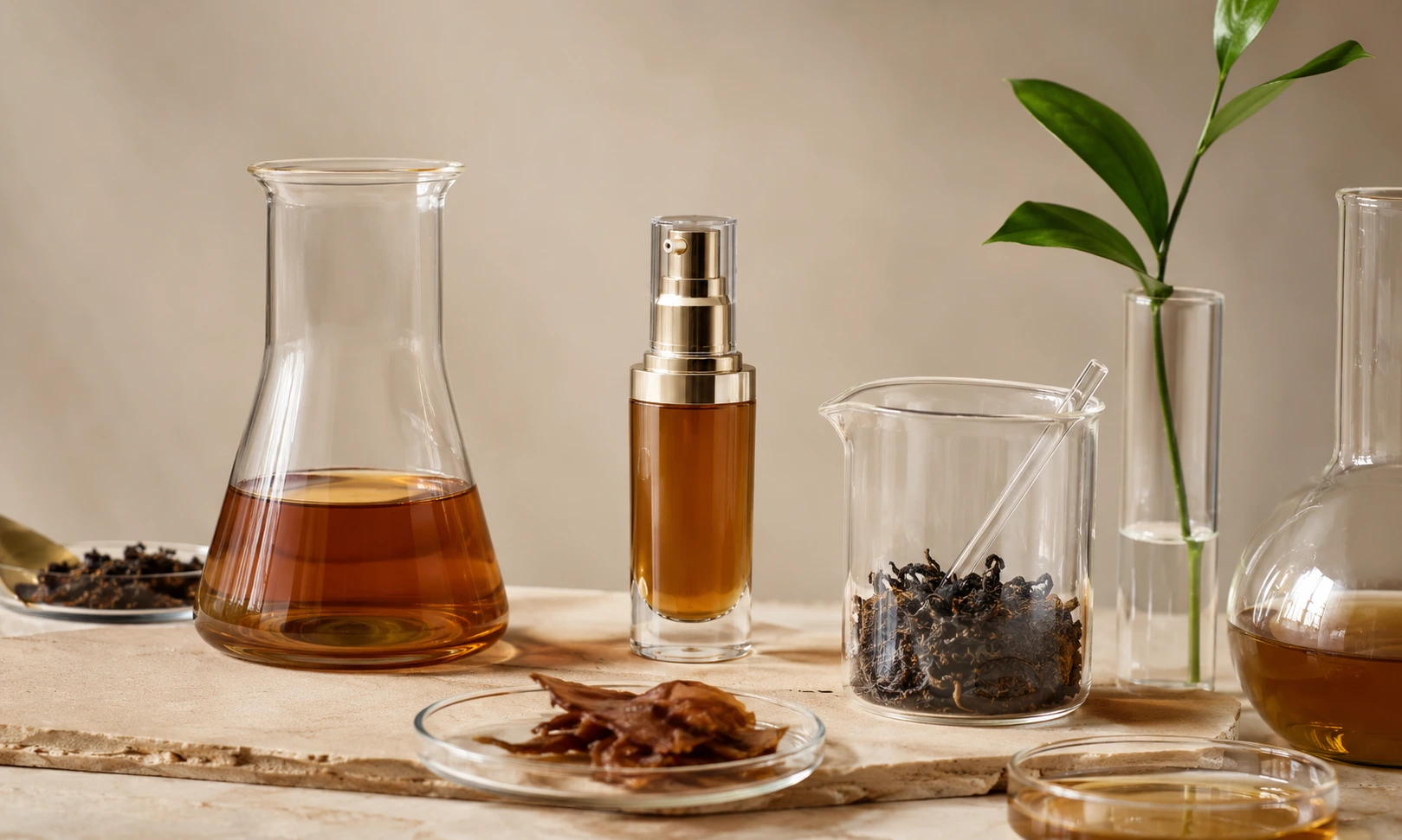 Kombucha extract skincare serum with amber liquid, dried tea leaves, and lab glassware on a neutral cosmetic surface