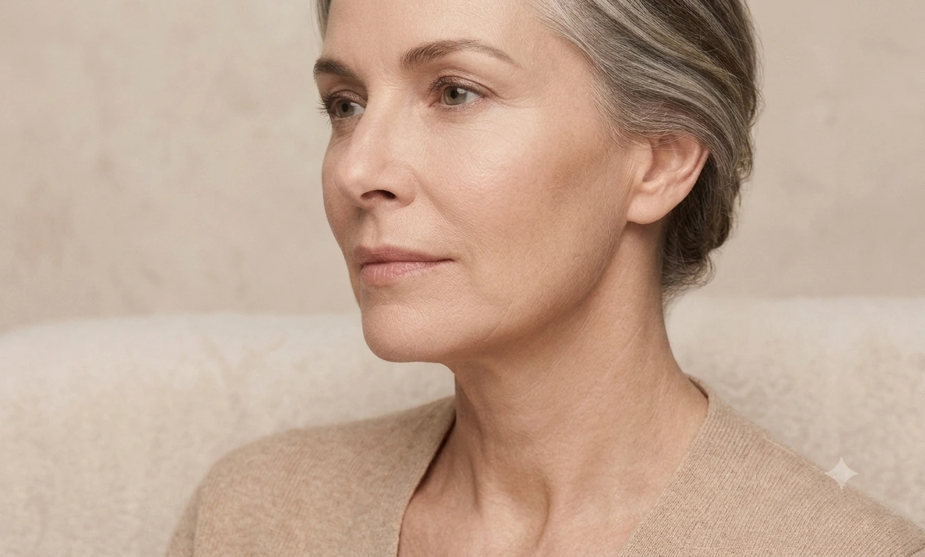 Mature woman with natural skin texture and less firm-looking facial contours.