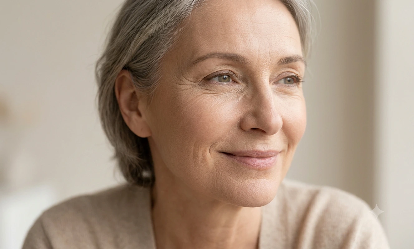 Mature woman with natural skin texture and makeup that appears to settle differently around the eye area.