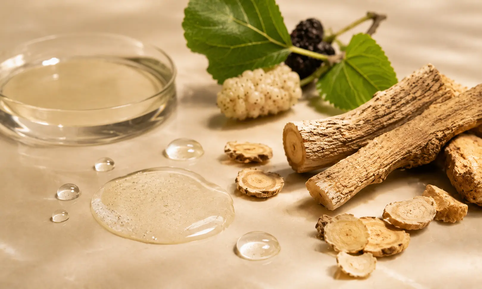 Mulberry root extract with botanical roots and clear skincare gel texture.
