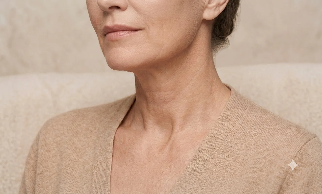 Mature woman’s neck and décolleté showing natural skin texture for skincare education.