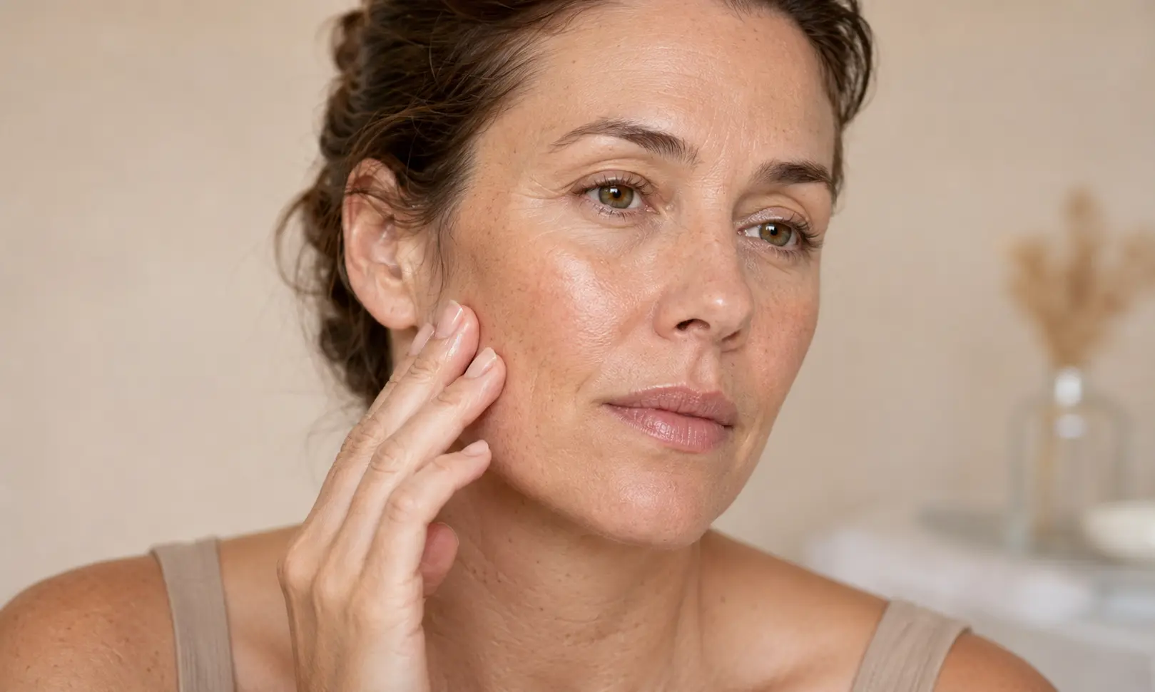 Woman touching her cheek with natural skin texture and a complexion that may need more than basic moisture.