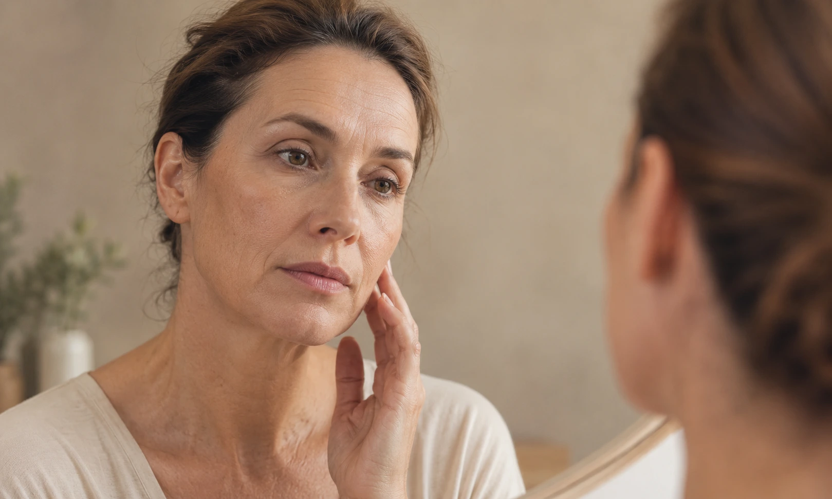 Woman with mature skin and a less radiant-looking complexion.