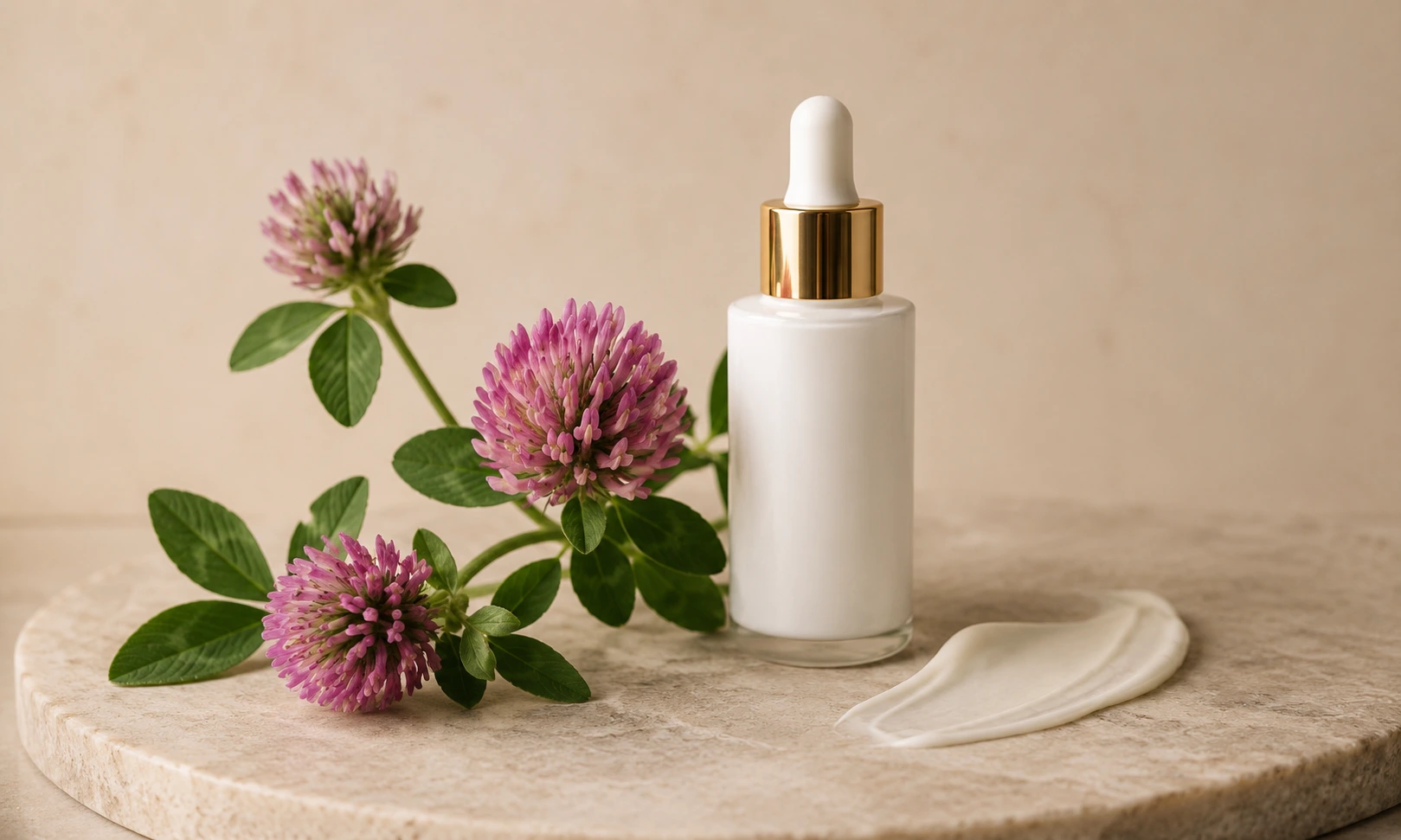 Red clover extract skincare serum with cream texture on a neutral stone surface