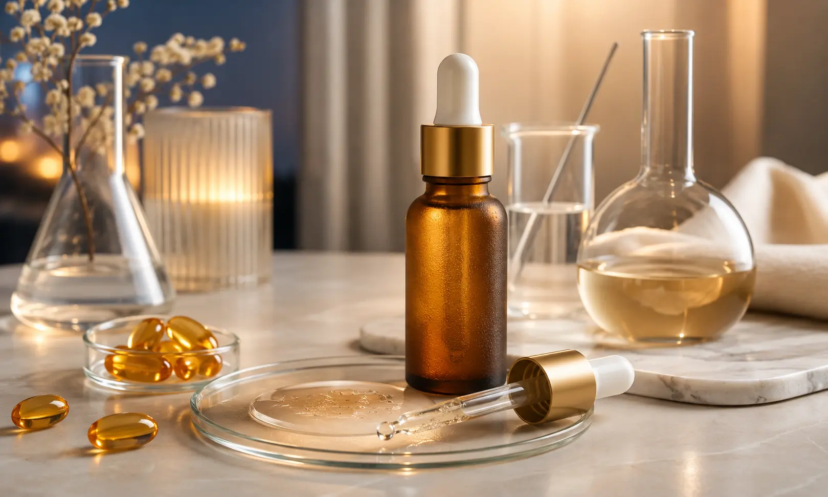 Retinol skincare serum with amber dropper bottle, golden capsules, and lab glassware in a premium nighttime care setting.