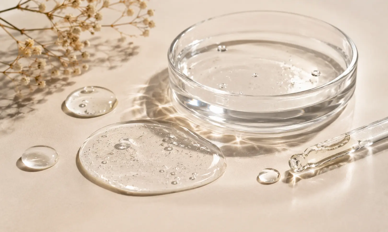 Saccharide isomerate skincare texture with clear gel droplets and lab glassware on a soft cosmetic surface.