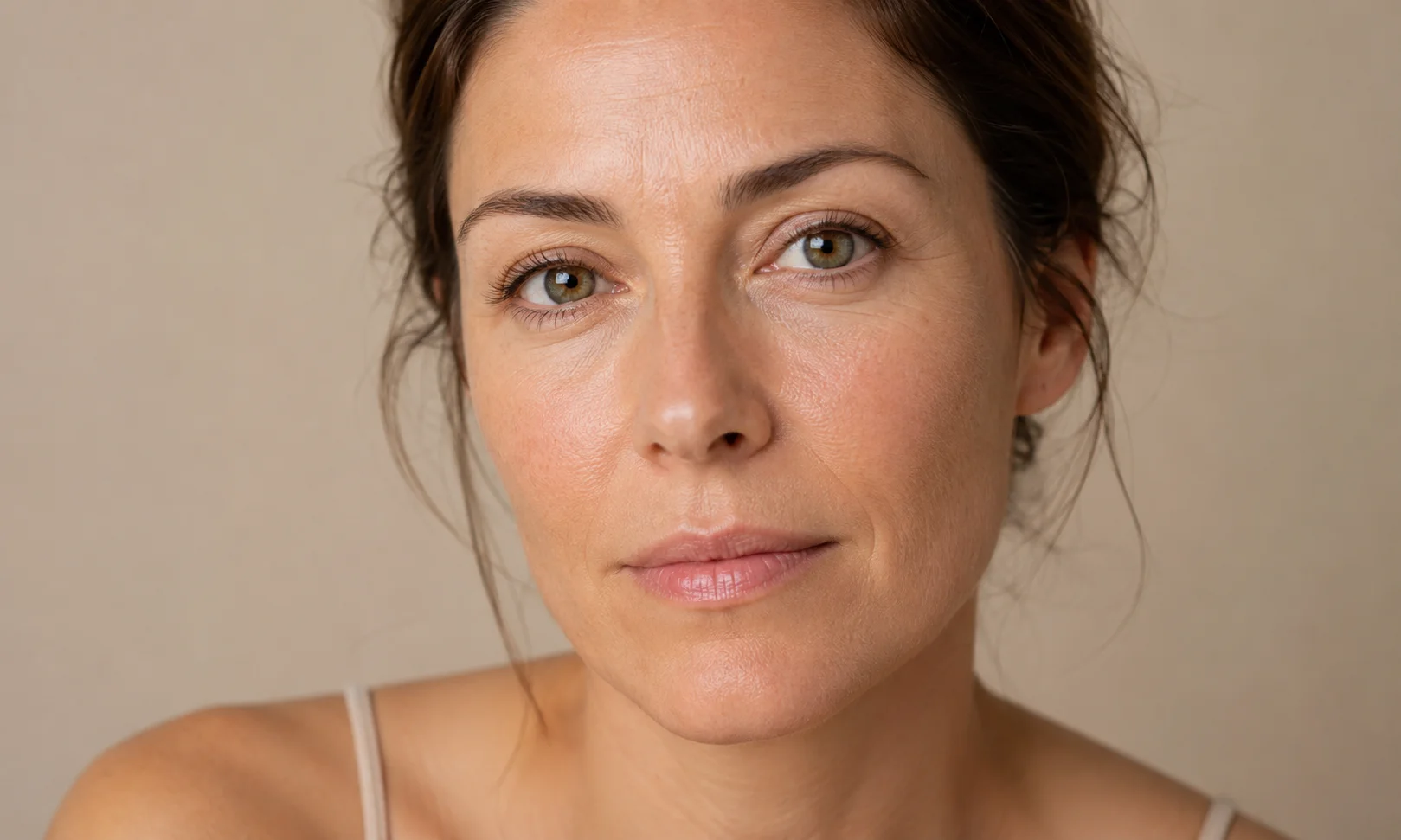 Woman with natural skin texture and a slightly dry-looking complexion for skincare education.