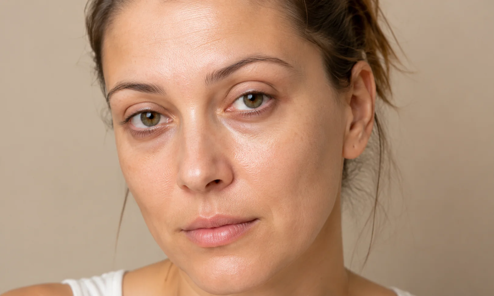 Woman with shiny, tired-looking skin and visible forehead texture for skincare education.