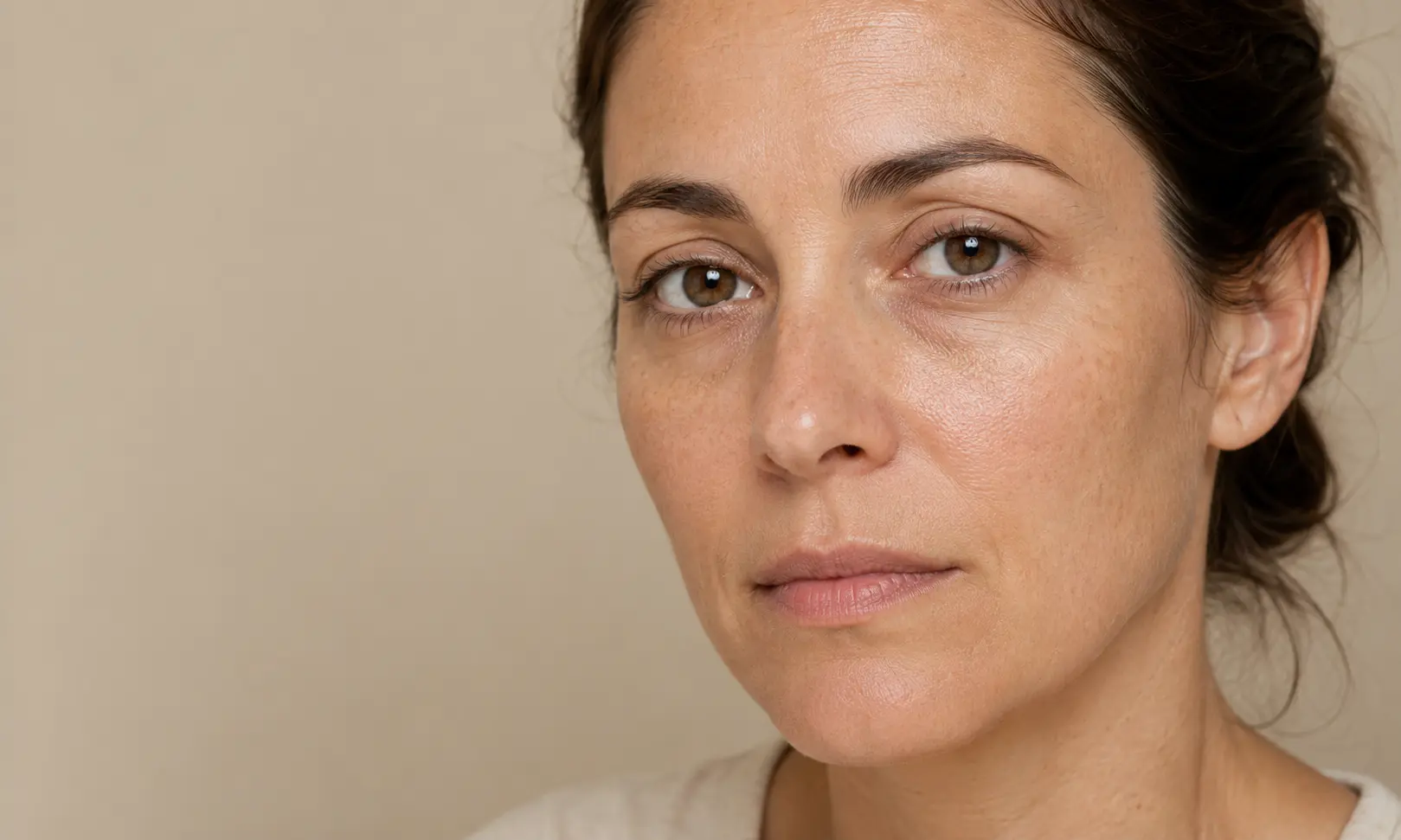 Woman with natural skin texture and a mildly tired-looking complexion for skincare education.