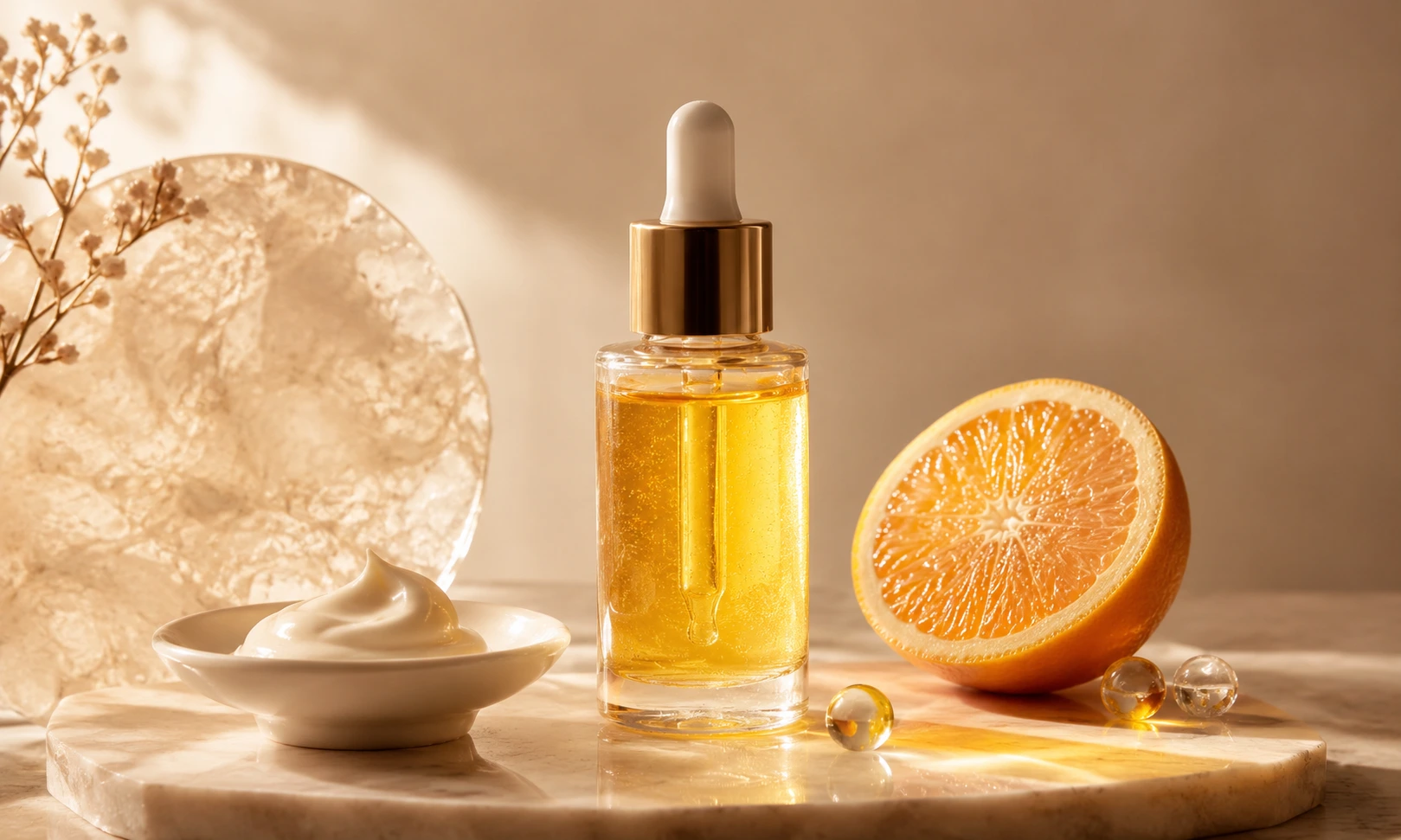 Vitamin C skincare serum with orange slice, golden serum bottle, and cream texture on a neutral marble surface