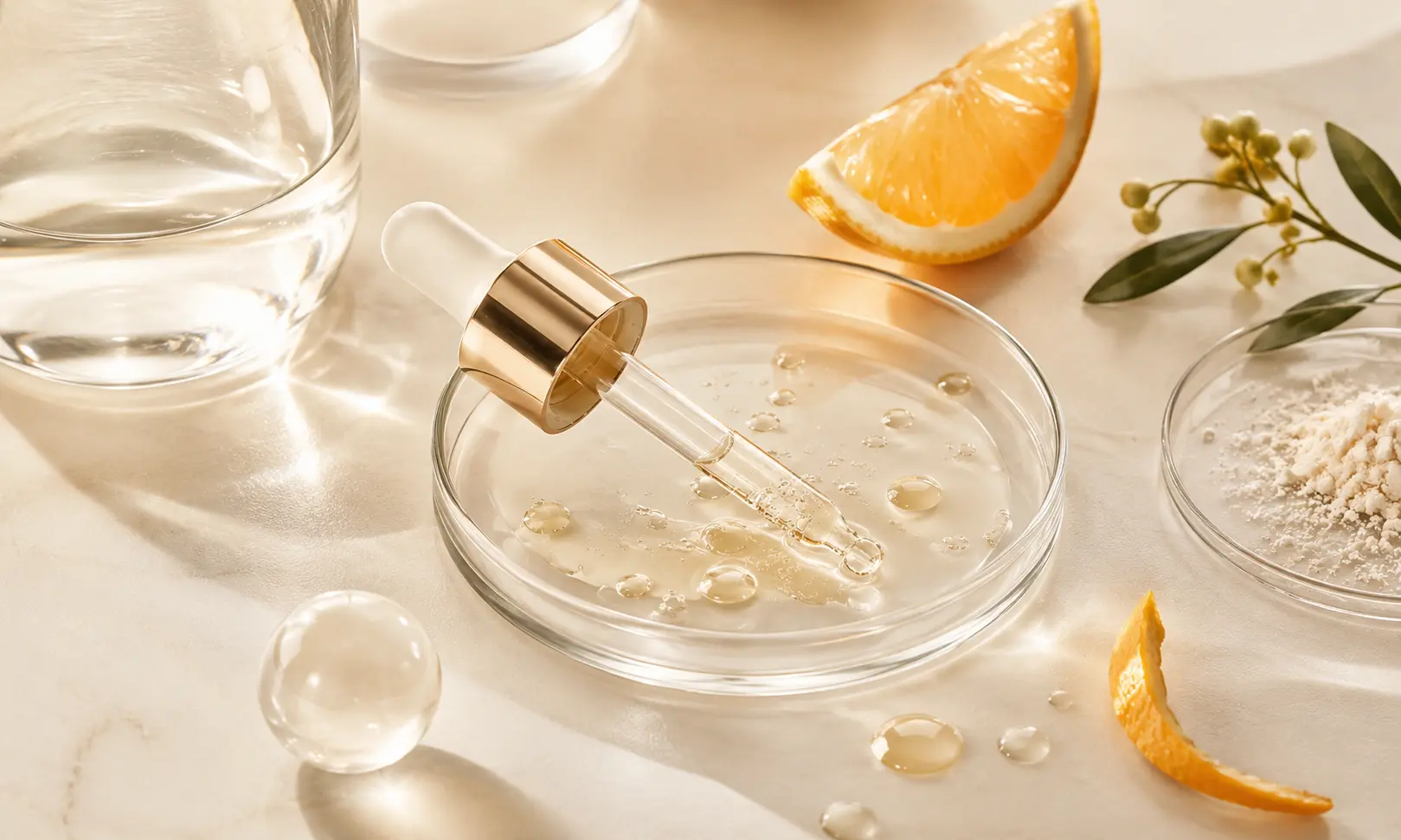 Vitamin C skincare serum with citrus, golden droplets, and lab glassware on a bright cosmetic surface.