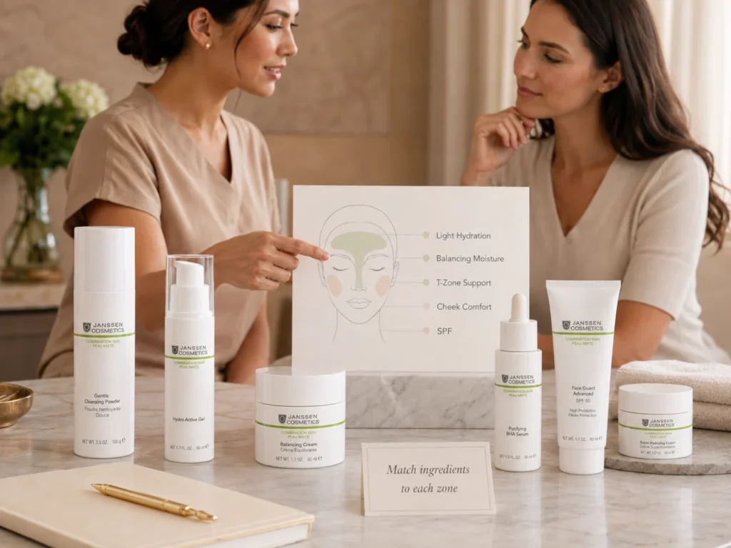 Esthetician-guided consultation showing ingredient selection for combination skin with lightweight hydration, T-zone support, cheek comfort, and SPF.