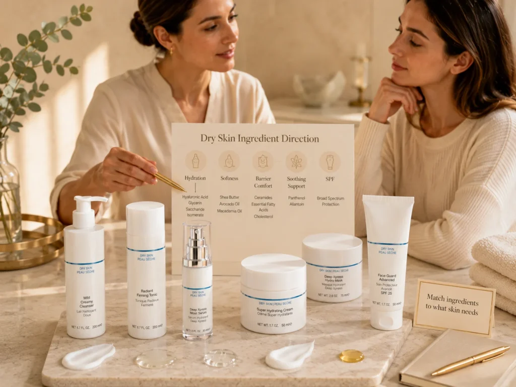 Esthetician-guided consultation showing ingredient selection for dry skin with hydration, softness, barrier comfort, soothing support, and SPF.