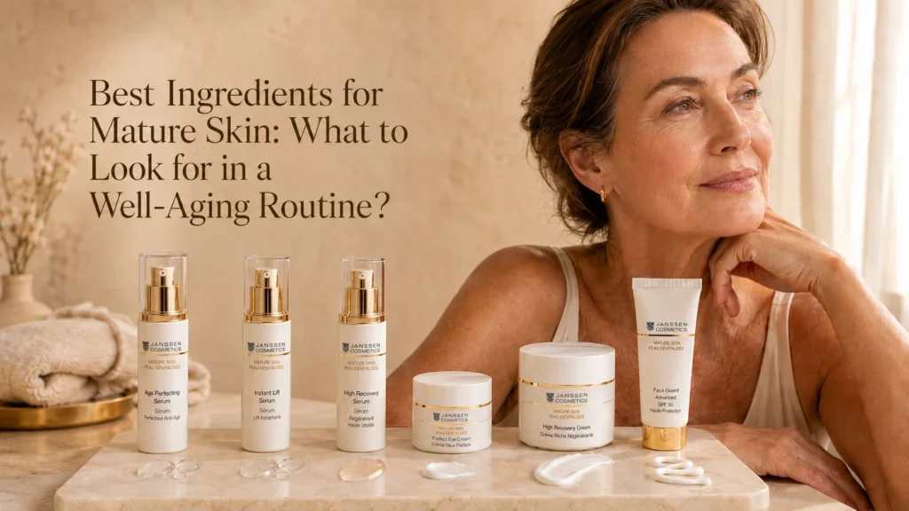 Luxury skincare hero image showing mature skin ingredient support with hydration, peptides, antioxidants, eye care, rich cream, and SPF.
