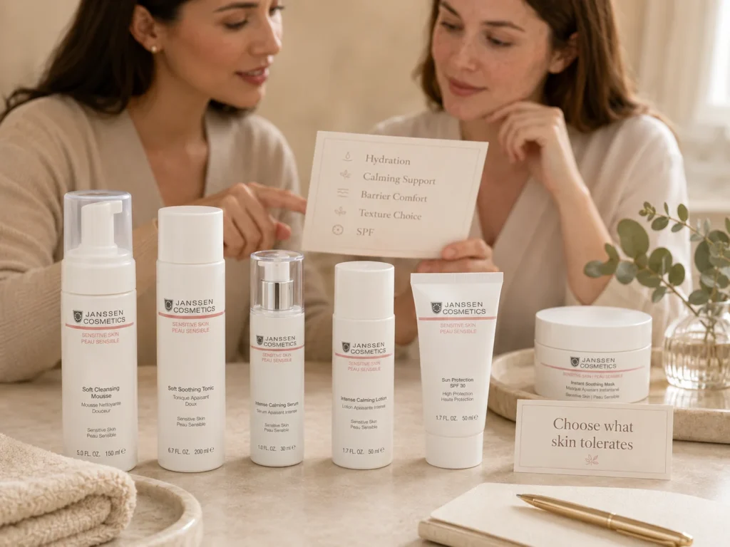 Esthetician-guided consultation showing ingredient selection for sensitive skin with hydration, calming support, barrier comfort, texture choice, and SPF.