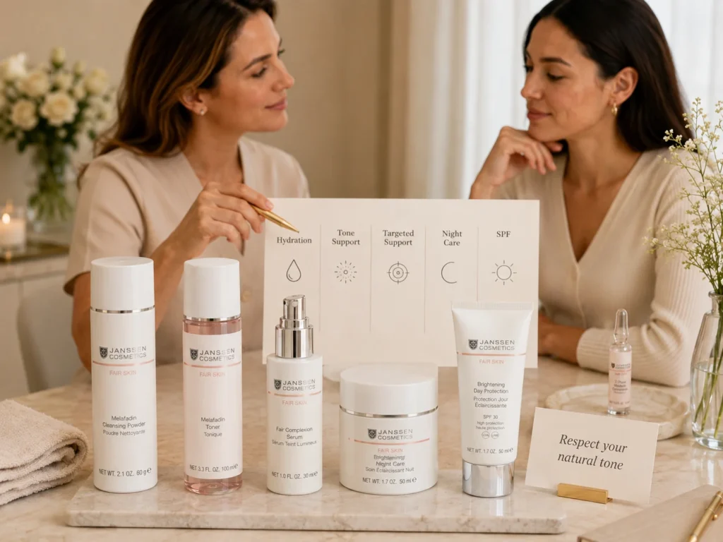 Esthetician-guided consultation showing ingredient selection for uneven skin tone with hydration, tone support, targeted support, night care, and SPF.