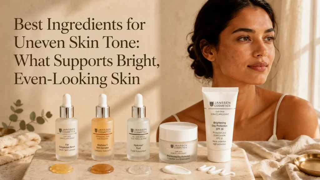 Luxury skincare hero image showing ingredient support for uneven tone with vitamin C, hydration, comfort care, and SPF.