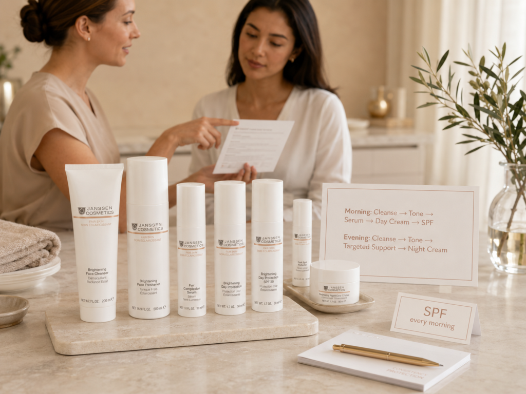 Esthetician-guided consultation showing a morning and evening brightening-support routine for uneven tone