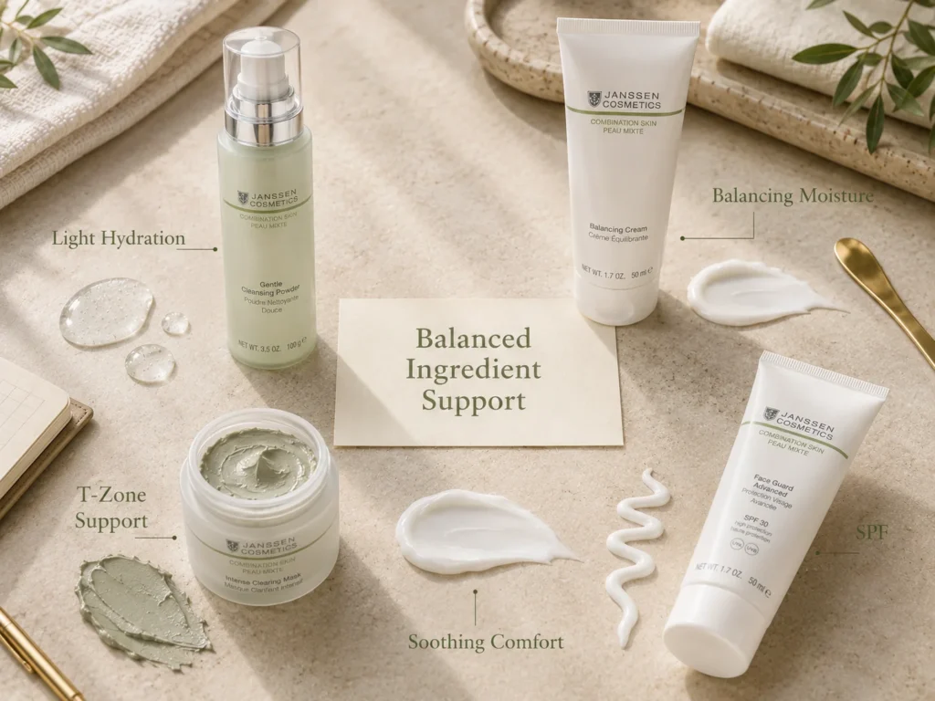 Luxury skincare still life showing zone-based ingredient selection for combination skin with T-zone and cheek support.