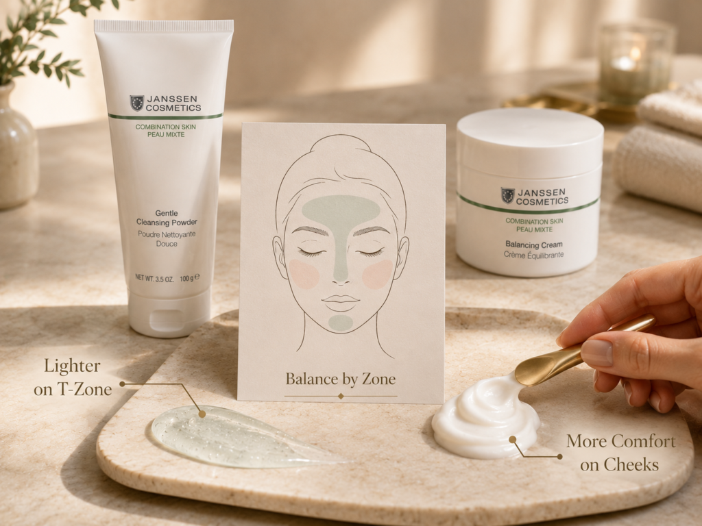 Luxury educational still life showing lightweight T-zone moisture and richer cheek comfort for combination skin