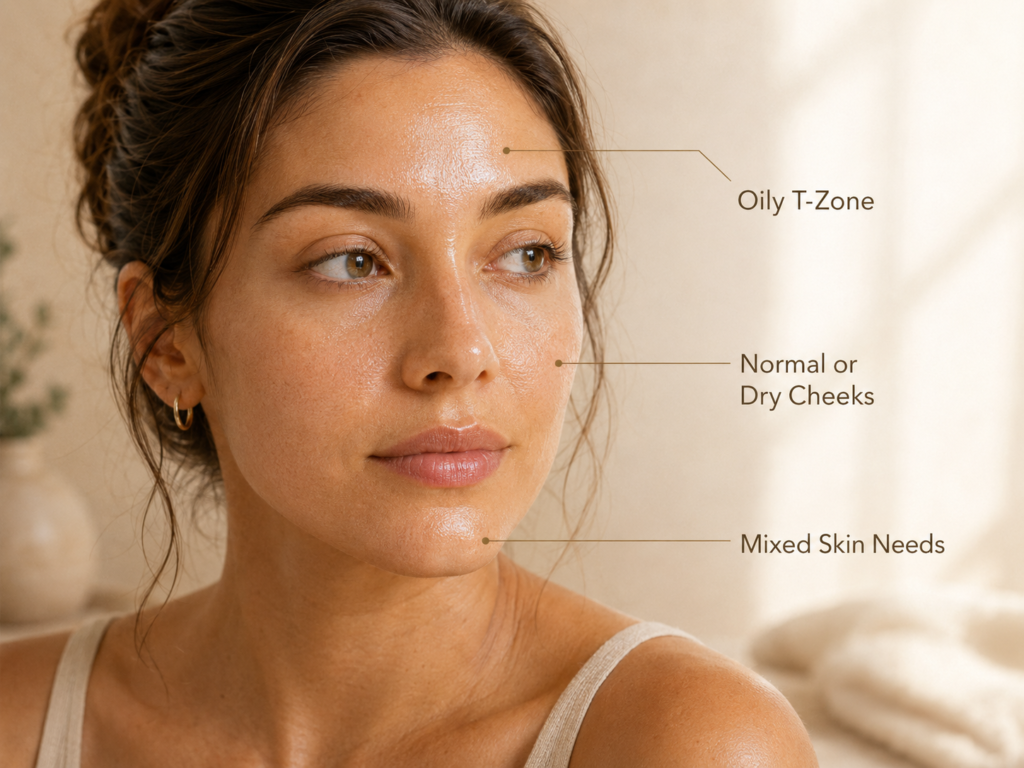 Close-up educational image showing oily T-zone and normal or dry cheeks as signs of combination skin.