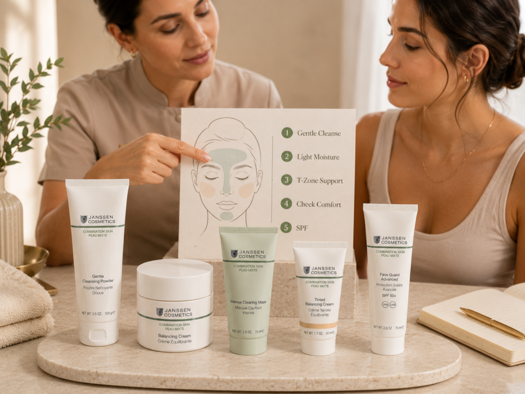 Esthetician-guided consultation showing a balanced combination skin routine with zone-based care.