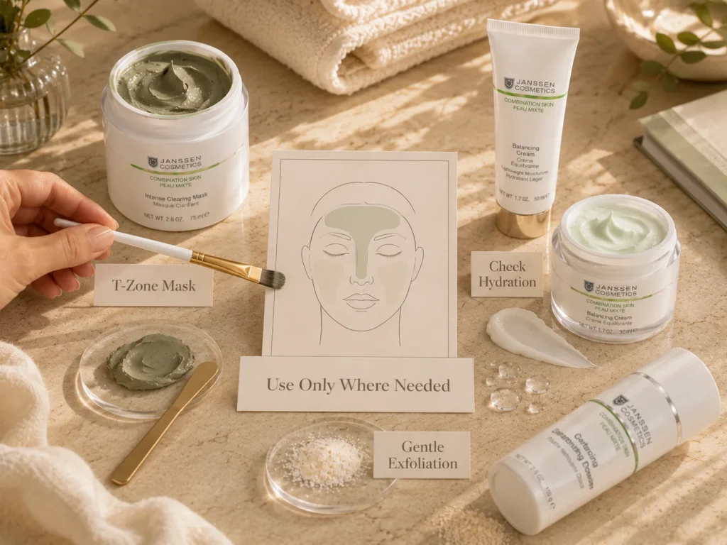 Luxury skincare still life showing zone-based weekly add-ons for combination skin, including T-zone mask and cheek hydration.