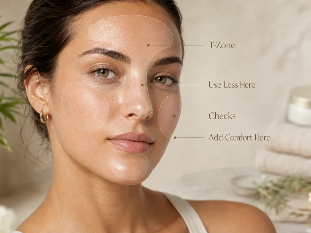 Educational skincare image showing zone-aware care for combination skin with lighter support on the T-zone and more comfort on the cheeks.