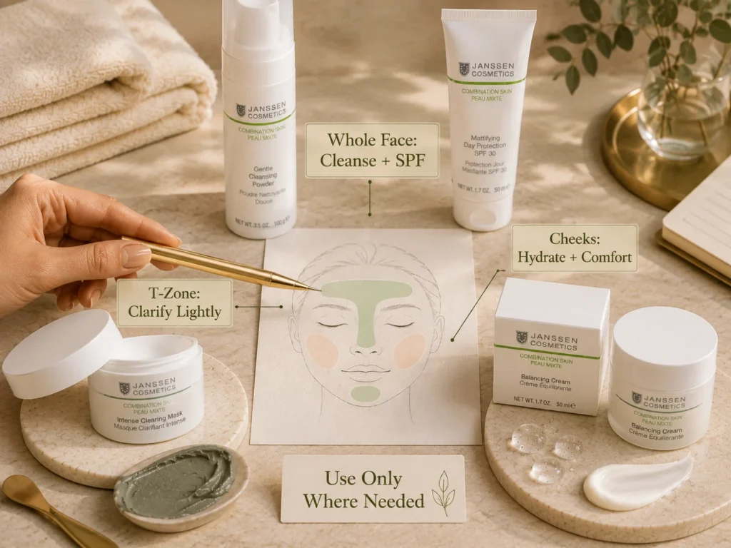 Luxury skincare still life showing zone-based care for combination skin with T-zone support and cheek comfort.