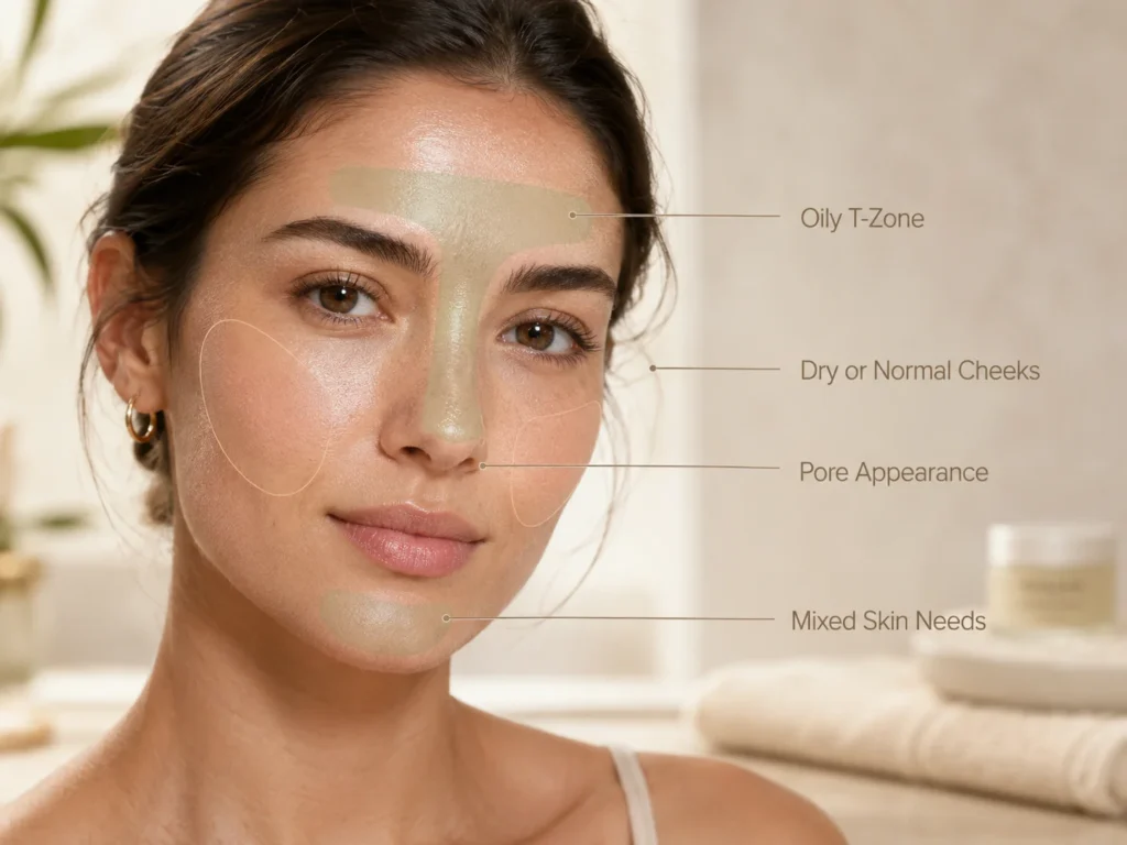 Educational skincare image showing common signs of combination skin, including oily T-zone and dry or normal cheeks.