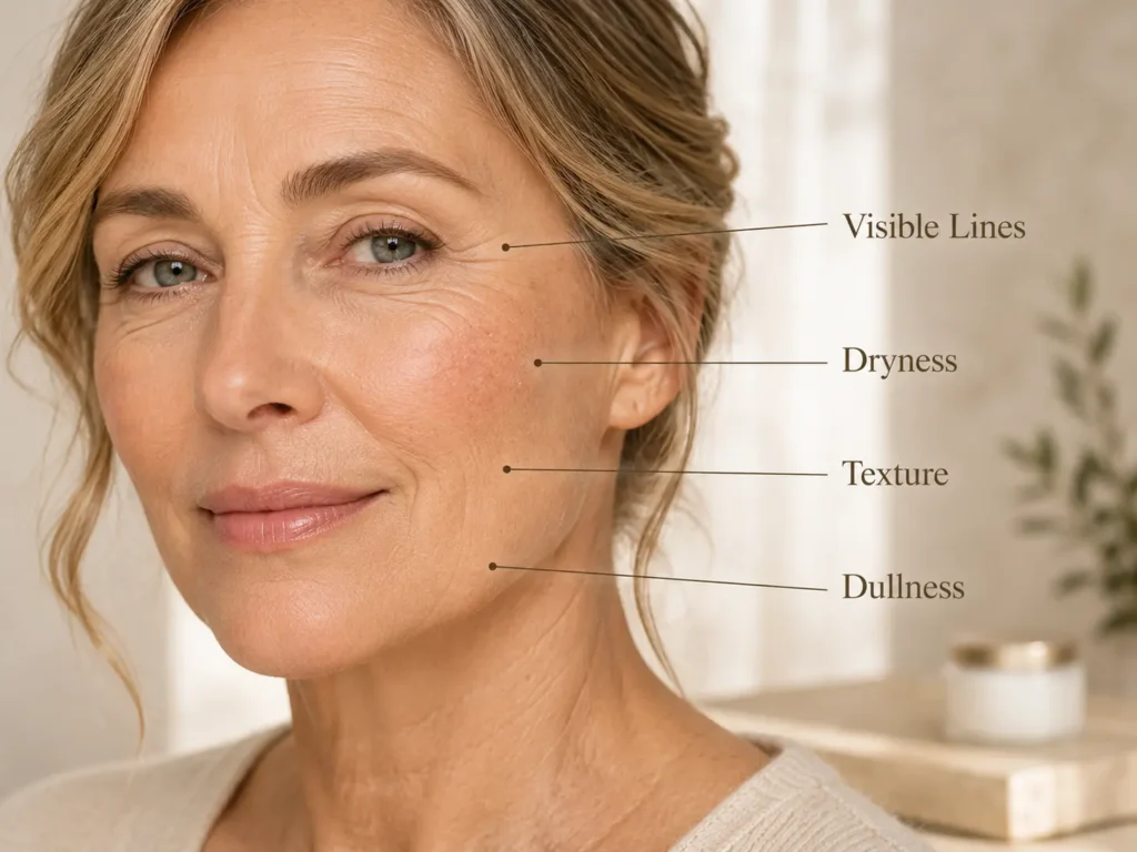 Close-up educational image showing common mature skin signs such as dryness, visible lines, texture, and dullness.