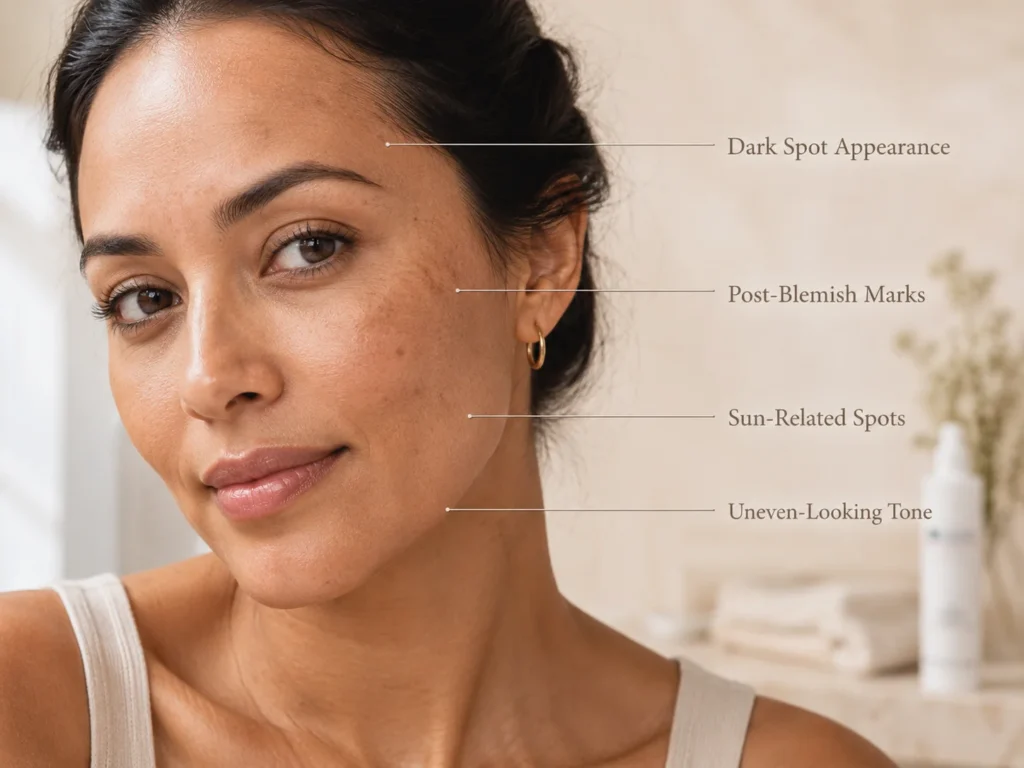 Close-up educational image showing dark spot appearance, post-blemish marks, sun-related spots, and uneven-looking tone.