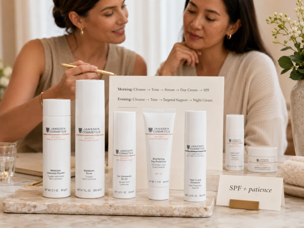 Esthetician-guided consultation showing a gentle dark spot appearance routine with SPF and targeted support.