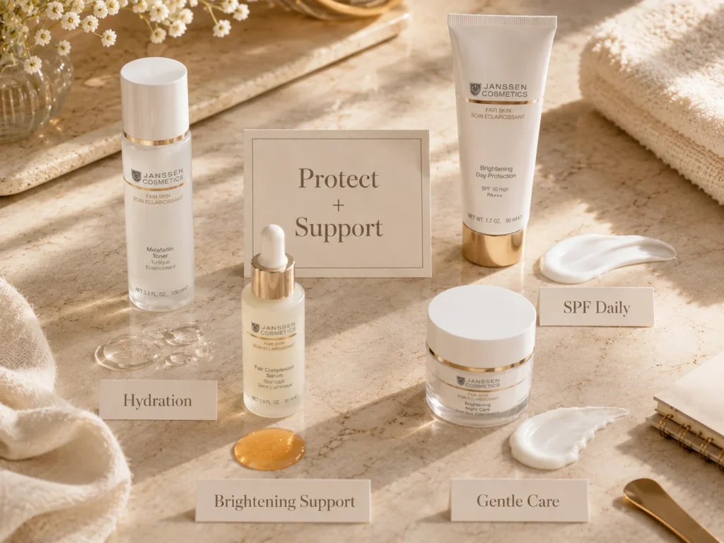 Luxury skincare still life showing SPF, brightening support, hydration, and gentle care for dark spot appearance.