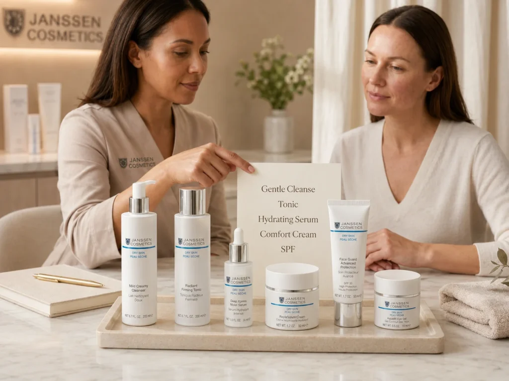 Esthetician-guided consultation showing a dry and dehydrated skin routine with cleanser, tonic, serum, cream, and SPF.