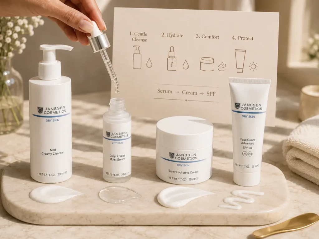 Luxury skincare layering image showing gentle cleanser, hydrating serum, cream, and SPF for dry-feeling skin.