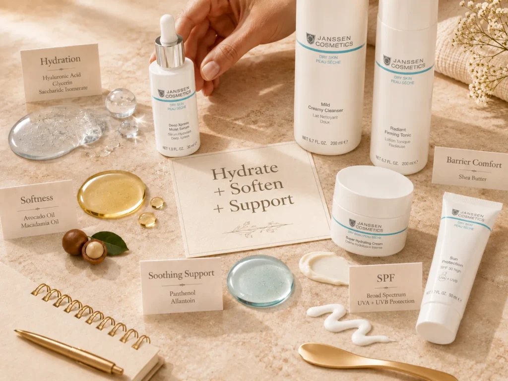 Luxury ingredient still life showing hydration, softness, barrier comfort, soothing support, and SPF for dry skin.