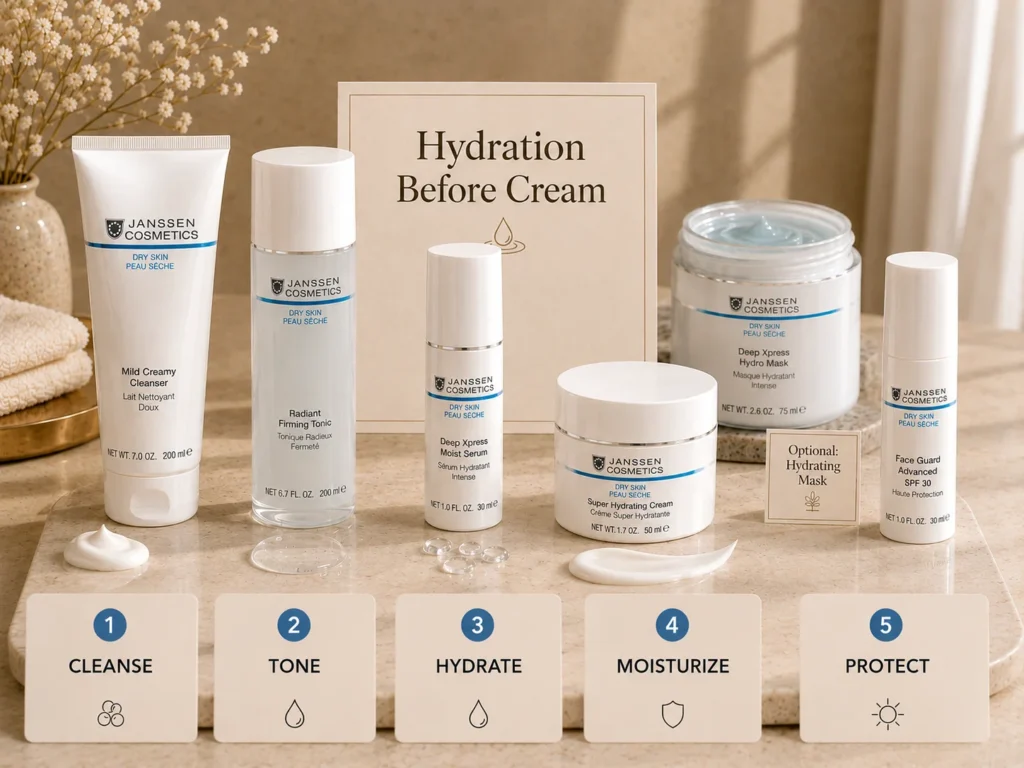 Luxury skincare still life showing dry skin layering with hydrating serum before cream and SPF.