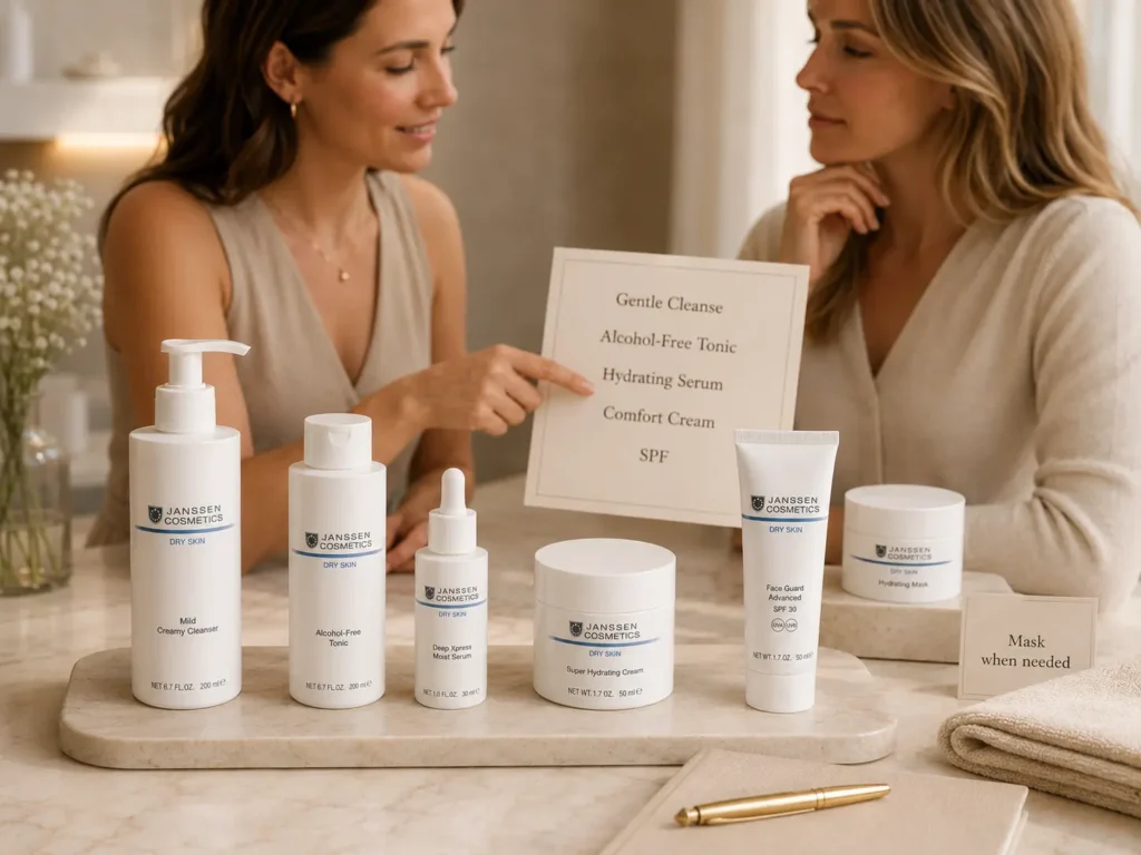 Esthetician-guided consultation showing a dry skin routine with cleanser, tonic, serum, cream, SPF, and optional mask support.
