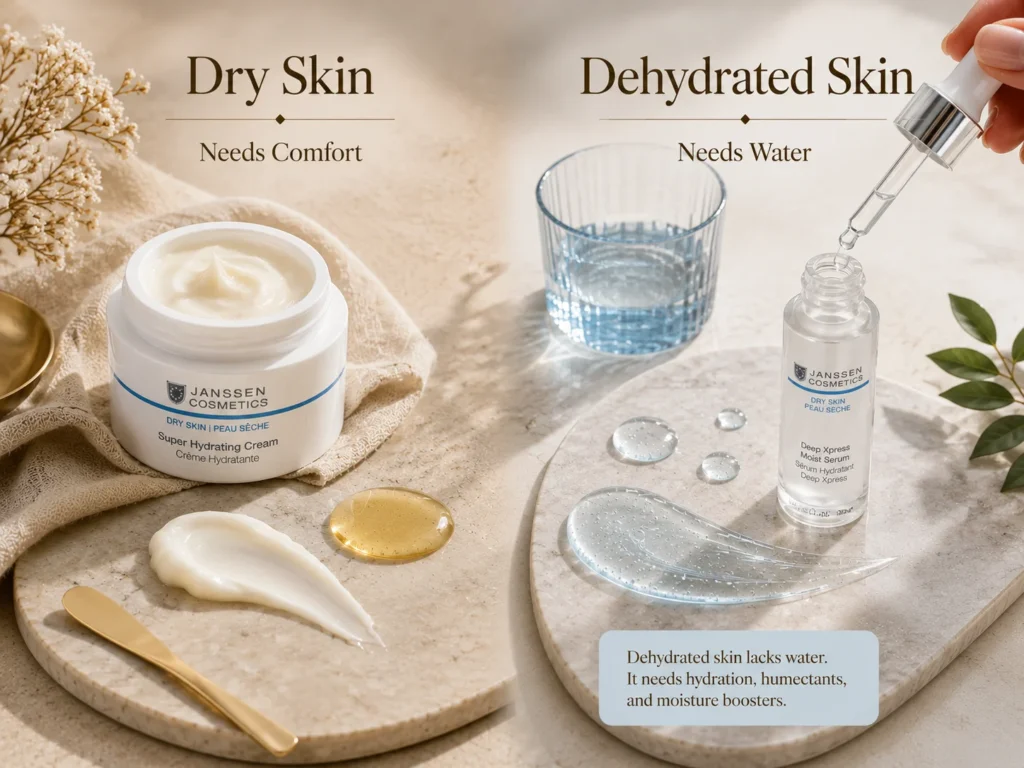 Luxury educational image comparing dry skin that needs comfort with dehydrated skin that needs water-based hydration.
