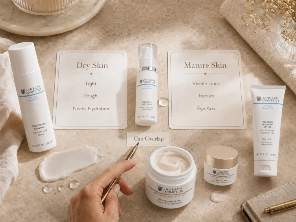Luxury skincare still life comparing dry skin and mature skin with hydration, eye care, cream, and SPF.