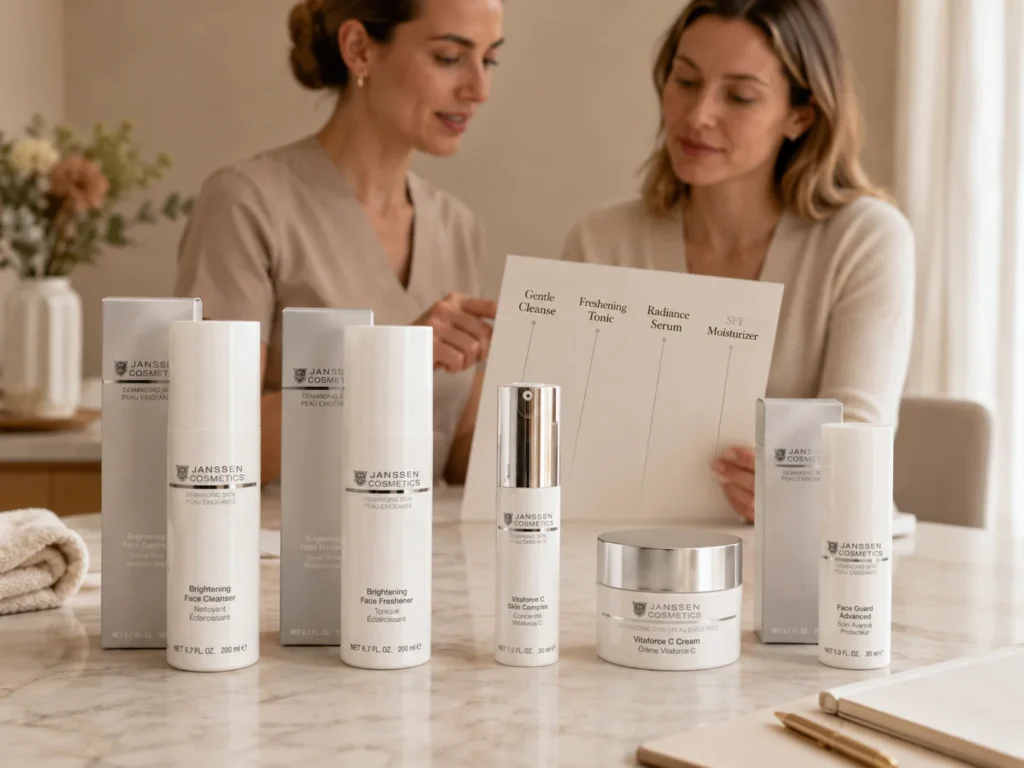 Esthetician-guided consultation showing a gentle glow-support routine for dull, tired-looking skin.